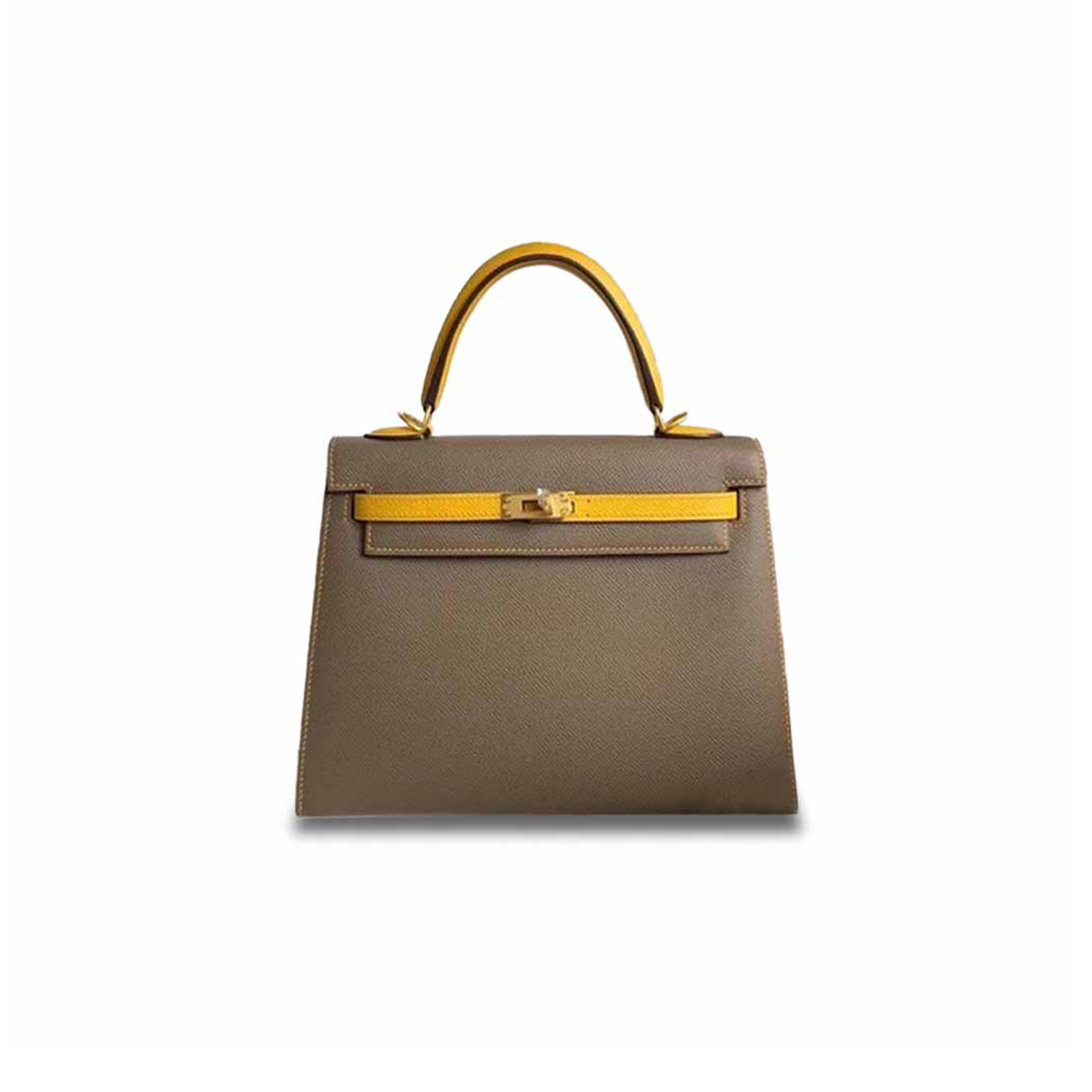 HERMÈS KELLY 25 EPSOM ASPHALT GRAY AND AMBER YELLOW GOLD BUCKLE (25*17*7cm)